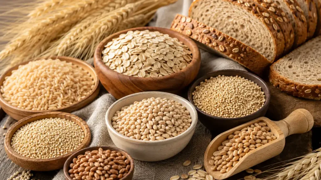 مجموعة متنوعة من الحبوب الكاملة تشمل الشوفان والقمح الكامل والشعير والكينوا والأرز البني في أوعية خشبية.