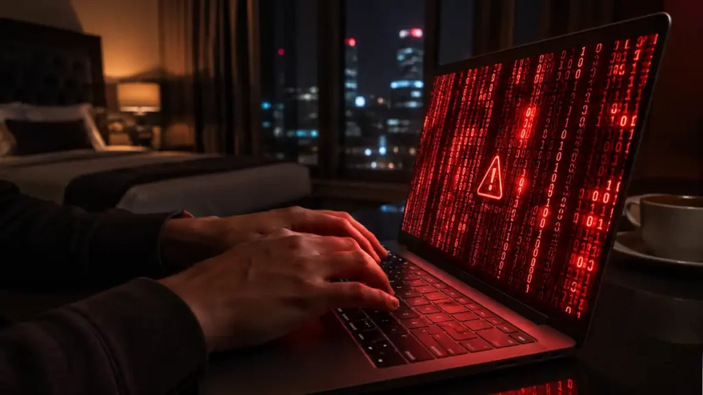 مسافر يستخدم حاسوباً محمولاً في غرفة فندق مع رموز حمراء تحذيرية تعبر عن اختراق شبكة الواي فاي