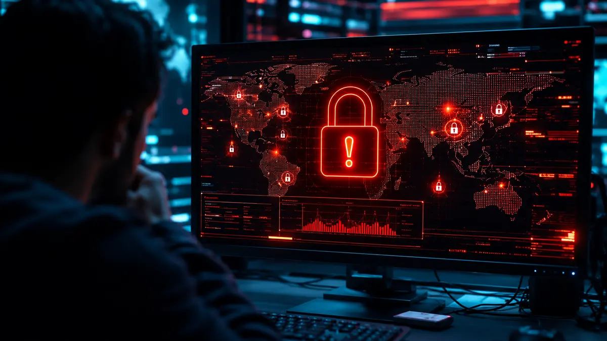 شاشة حاسوب تعرض تنبيهات أمنية متطورة توضح اكتشاف تسريب في بيانات البريد الإلكتروني مع إضاءة درامية تعكس خطورة الموقف.